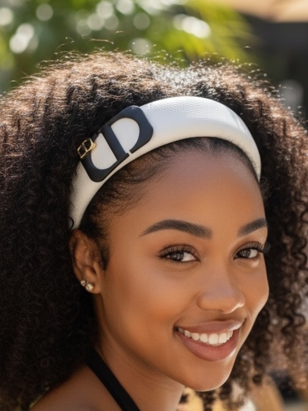 3D white black wide headband is wrapped in white grained calfskin leather. NEW